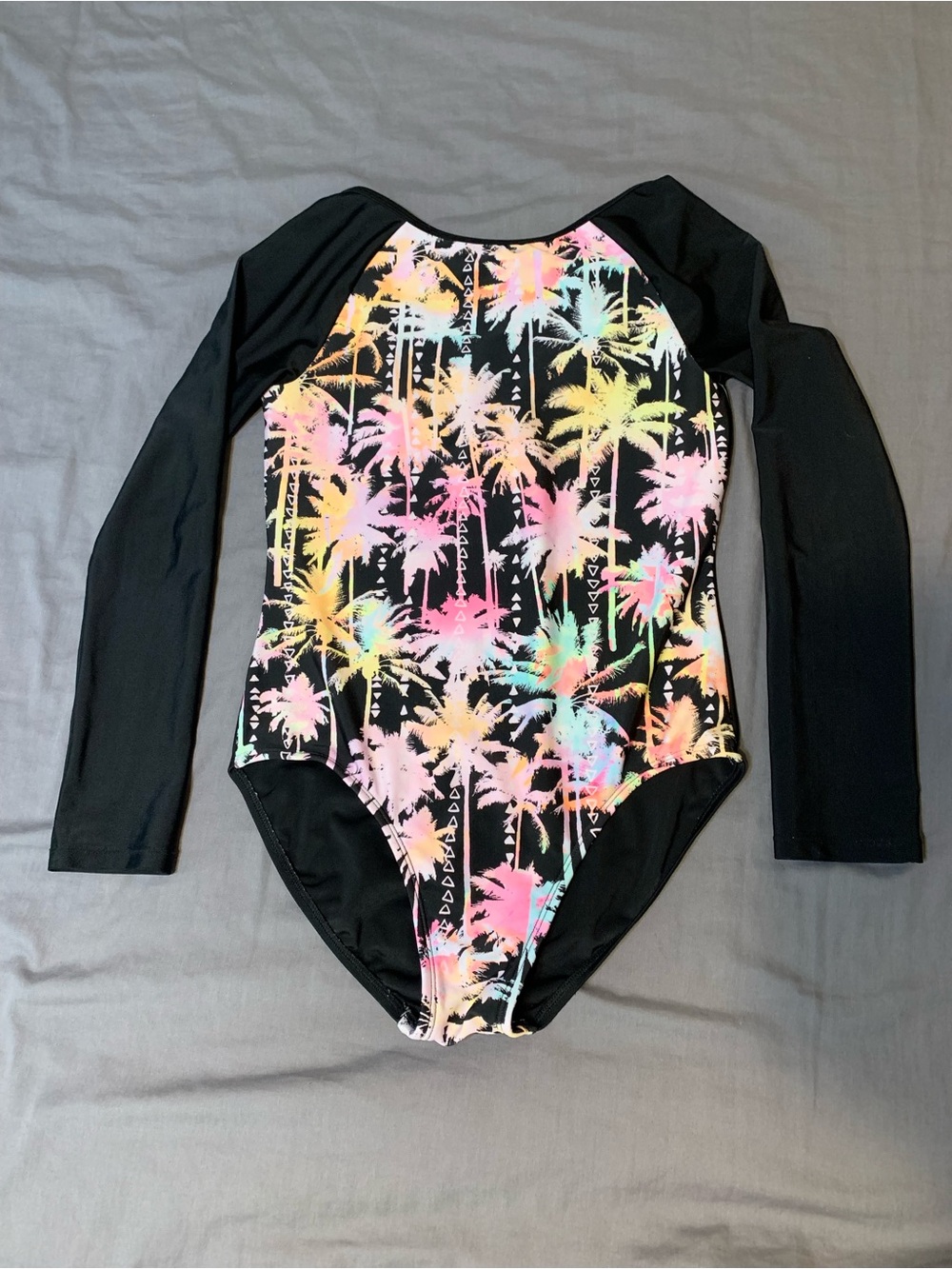Black Long Sleeve One-Piece Swimsuit with Neon Palm Print